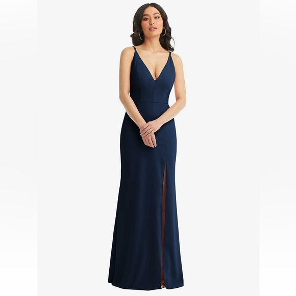 Dessy Collection- SKINNY STRAP DEEP V-NECK CREPE TRUMPET GOWN WITH FRONT SLIT - Picture 1 of 14